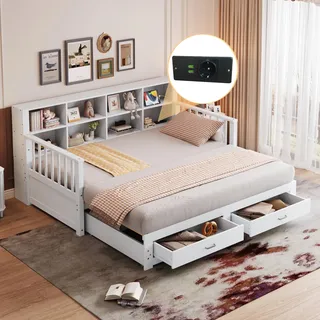 Ball & Cast Ausziehbares Massivholz-Schlafsofa 90/180x190 cm, Stauschrank mit Ladesteckdose in der Seitenlehne, Mit 2 Schubladen und Lattenrost, Multifunktionales Kiefernbett, Weiß