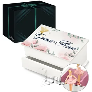 Maverton personalisierte Musik Schmuckdose mit Aufzieh-Spieluhr, Schublade | Schmuckkästchen Ballerina, Musikspieldose für Mädchen zur Geburt, zum Geburtstag, Weihnachtsgeschenke, mit Schublade