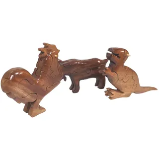 3er Set Holz 3D-Puzzle Handgefertigt - Ziege, Dinosaurier & Hahn