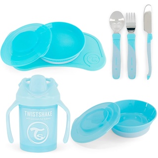 Twistshake Babygeschirr-Set - 4-teilig | 1x Baby-Tischset - 1 Babyteller - 1 Babynapf - 3 Edelstahlbesteck - 1 Trinkbecher | 6 Monate + Baby-Geschirrset | Geschirr für die Babyentwöhnung | Hellblau