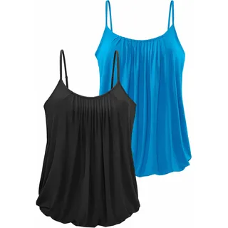 Spaghettitop LASCANA "mit dekorativen Falten", Damen, Gr. 40/42, blau (türkis, schwarz), Obermaterial: 95% Viskose (LENZINGTM ECOVEROTM), 5% Elasthan, unifarben, bequem normal, tiefer Rundhals, Tops Spaghettitop, aus luftiger Viskose-Qualität, Topseller