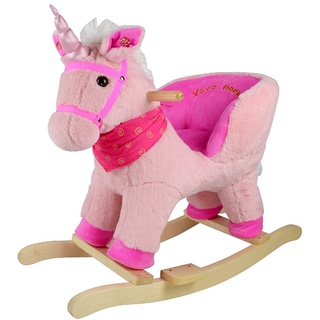 Sport1 Schaukeltier Einhorn mit Sound Schaukelpferd für Kinder + 10 Monate aus Plüsch und Holz Soundeffekte Kinder 68x33x50cm Komfortsitz mit integrierter Rückenlehne Rosa Geschenkidee