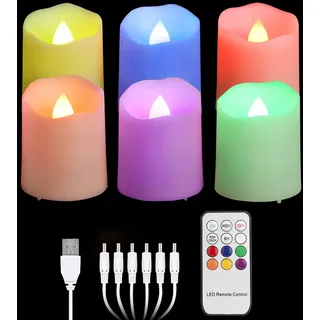 FREEPOWER 6er RGB Aufladbare LED Teelichter Farbwechsel mit Fernbedienung Timer Flackern Elektrische Wiederaufladbare Kerzen mit USB-Kabel, Deko für Weihnachten Halloween Party Familie