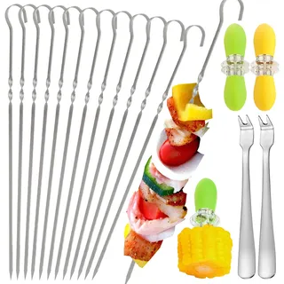 Daily Treasures 12 Stk Spieße Edelstahl Lang, 38 cm Kebab Spieße Girll mit 4 Mais Halter Grill + 2 Fleischgabeln, Spiesse Grill Edelstahl Schaschlikspieße Grillspieße für Lagerfeuer Grillschale Campen