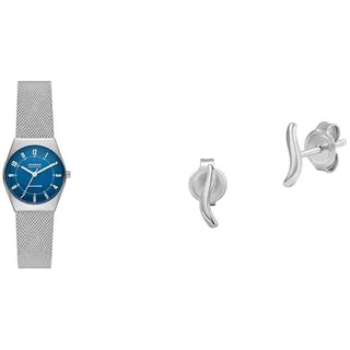 Skagen Damenuhr Grenen Lille Solar und Ohrringe Essential Waves, silberfarbener Edelstahl, Set