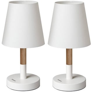 Tomons 2er Set LED Nachttischlampe aus Holz, LED Tischlampe Tischleuchte mit Stoffschirm für Schlafzimmer, Wohnzimmer, Arbeitszimmer, Beistelltisch – Weiß