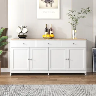 okwish Sideboard Beistellschrank Beistelltisch Kommode Aufbewahrungsschrank (Aufbewahrungsschrank mit drei Schubladen und vier Klappen, Sideboard im Landhausstil), Praktische Aufbewahrung - Weiß