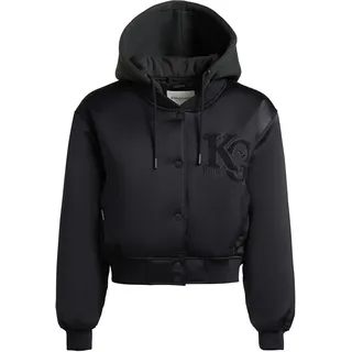 Collegejacke KHUJO "Collegejacke Chani", Damen, Gr. L, schwarz, Obermaterial: 97% Polyester PES. 3% Elasthan EL.  Obermaterial: Futter: 100% Polyester PES., oversize hüftlang, Ärmel ohne Ärmelschlitz Rippstrickbündchen, Jacken Collegejacke, Kurze Damen Bomberjacke mit Kapuze