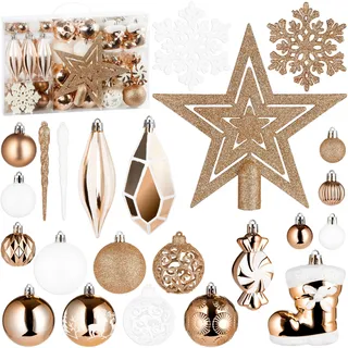 BRUBAKER 128 Stück Premium Christbaumschmuck - XXL Weihnachtskugel Set mit Glitzer Kugeln, Eiszapfen, Diamant Anhänger, Bonbon, Nikolaus Stiefel und Baumspitze Stern - Baumschmuck - Champagner