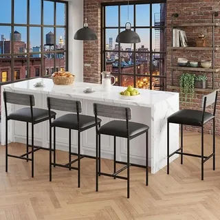 Stilvolle Barhocker Set 4 Stück – Gepolsterte Barstühle mit Rückenlehne & Fußstütze, 65 cm Sitzhöhe, graue PolyurethanPolsterung, Stabiler Rahmen, für Kücheninsel, Esszimmer, Tresen, Apartment – - Grau