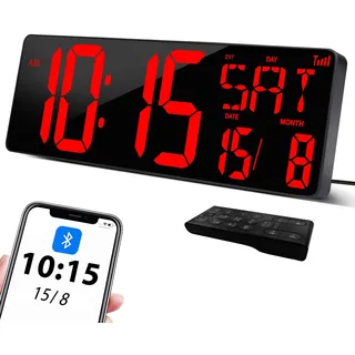 XREXS 17'' Wanduhr Digitale Groß, Bluetooth Automatische Kalibrierungszeit, Helligkeit und Ton einstellbar, Wanduhr Digital Uhr, Wanduhr mit Uhrzeit/Datum/Temperatur für Haus, Küche, Klassenzimmer