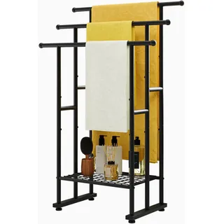 FOUBAM Handtuchhalter, Handtuchständer, Handtuchleiter stehend mit 3 Handtuchstangen, für Badetücher, Decken, platzsparend, Stabil, Industriestil,Badezimmer Badetuchhalter Stahl, Schwarz