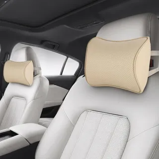 Aukee Nackenkissen aus viskoelastischem Schaumstoff, weiches Leder für Autofahrt, Home Office Headrest Pillow (2Pcs) beige