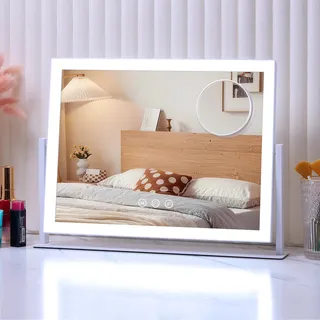 GIMBELEN Hollywood Spiegel mit Beleuchtung – 42x31cm Schminkspiegel mit 3 Farbtemperaturen, Dimmer & 360° Drehung, Touch-Tasten, USB-C, 3X Vergrößerungsspiegel, Weiß (Vanity Mirror für Schminktisch)
