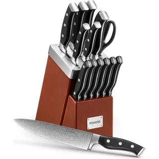 Messerblock mit Selbstschärfender Messer, 14-teiliges Edelstahl Messerset, Profi Küchenmesser Set, Ergonomischer Griff