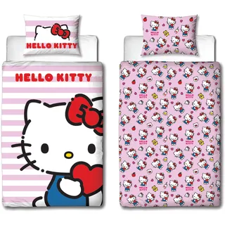 Character World Hello Kitty Bettwäsche-Set für Einzelbett, offizielles Lizenzprodukt, Hello Design, wendbar, 2-seitig, Katzen-Bettwäsche, inkl. passendem Kissenbezug, perfekt für Kinderzimmer, Polycotton