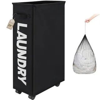 TOTANKI Großer Wäschekorb, Hoher und Schmaler, Faltbarer Mobiler Wäschekorb mit 4 Rollen und Beidseitigen Griffen, Zusammenklappbarer Aufbewahrungskorb (Schwarz, L)