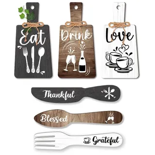 PH PandaHall 6 stücke Küche Wand Dekor Starten Trinken Zeichen Set Holz Anhänger Zubehör Mini Plaque Gabel Löffel Form Dekorationen Home Dector 28x14/30x6cm