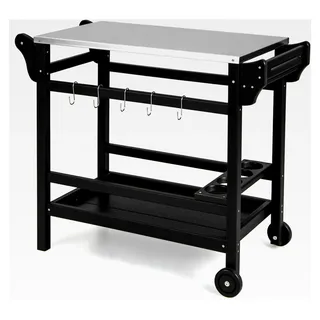 Grillwagen, Servierwagen mit Edelstahl-Tischplatte und Ablage, HDPE Küchenwagen mit Weinregal und 5 Haken, mobiler Grilltisch mit Rollen und Griff, BBQ-Tisch für Garten und Terrasse