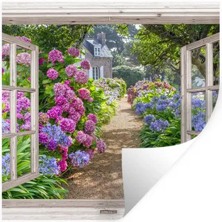 MuchoWow Wandtattoo Hortensie - Fensterblick - Blumen - Sommer - Lila - Weg 50x50 cm , Kunststoff , 50x50x0.1 cm , Tapeten & Wandverkleidungen, Wandtattoos & Sticker