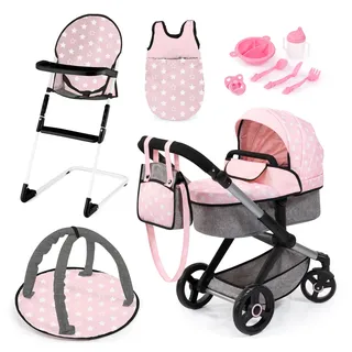 Bayer Design 17030AB Puppenwagen Xeo, Verstellbarer Griff, Schwenkschieber, wandelbar als Jogger, Schlafsack, Hochstuhl, Spielbogen, Puppenzubehör, Rosa, Grau