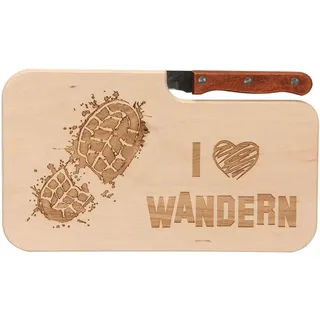 Spruchreif | Brotzeitbrett mit Messer "I Wandern" – Graviertes Messerbrett aus Holz mit Wander-Motiv | Geschenk für Wanderer & Naturfreunde