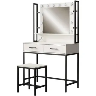 Vicco Schminktisch Luvia Weiß/Schwarz 90 cm mit LED-Beleuchtung und Hocker