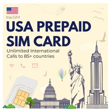 travSIM USA SIM Karte | 9 GB Mobile Daten bei 4G/5G Geschwindigkeiten | Unbegrenzte lokale Anrufe & SMS | Unbegrenzte Internationale Anrufe zu 85+ Länder | USA SIM Karte 30 Tage