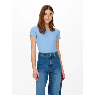Rundhalsshirt ONLY "ONLEMMA S/S SHORT TOP NOOS JRS", Damen, Gr. XL, blau (ultramarine), Jersey, Obermaterial: 63% Polyester, 32% Viskose, 5% Elasthan, unifarben, regular fit kurz, Rundhals, gewellter Abschluss, Shirts Rundhalsshirt, Rundhals, modisch, regular fit, gewellter Abschluss, unifarben