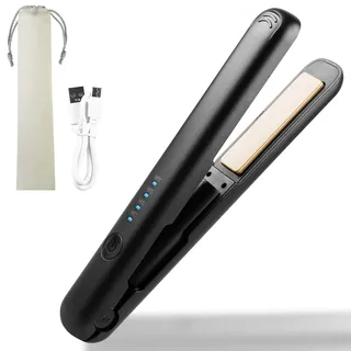 Mini 2-in-1 kabelloses Glätteisen und Lockenstab für Kurze, lockiges und langes Haar - tragbarer Reisehaarglätter (Schwarz)