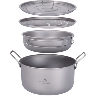 iBasingo Titan 1900ml Topf & 900ml Pfannen Camping Kochgeschirr Set Dampfgarer Topf Bratpfannen Set mit Deckel Outdoor Indoor Wok Tee Tablett Stielkasserolle Leichtes Tragbar Kochset Ti2057C