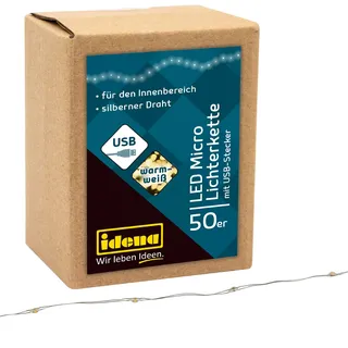 IDENA 50er Micro LED Lichterkette 50 LEDs in warmweiß USB Stecker, ca. 2,75 m lang, für Innen, zum Basteln, als Party Deko, Weihnachtsdeko, zur Hochzeit, als Stimmungslicht