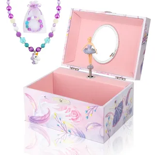 Homtibrm Schmuckkästchen mit Spieluhr für Mädchen mit Einhorn-Schmuckset, Kinder-Schmuckkästchen Musikkästchen mit sich drehenden Ballerina, Ballerina Schwanensee