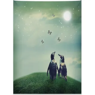 Abakuhaus Surrealistisch Wandteppich, Pinguin-Paar-Gras aus Weiches Mikrofaser Stoff Kein Verblassen Klare Farben Waschbar, 110 x 150 cm, Mandelgrün - Silber