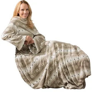 CELINATEX Decke mit Ärmeln und Fußtasche Flauschige Kuscheldecke 150 x 180 cm Taupe und Creme weiß Mikrofaser Fleece Oeko-TEX Schneestern