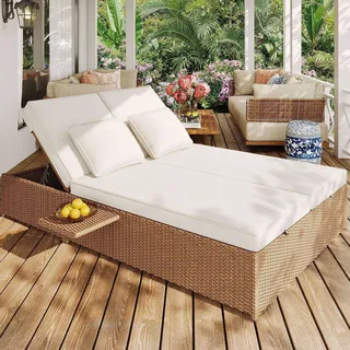 STILVORA Outdoor Gartenliege 199x120cm mit verstellbarer Rückenlehne und 7,5 cm Kissen, Rattanliege wetterfest klappbar mit abnehmbaren Kissen, Rattan Doppelliege komfortables Gartensofa aus Polyester weiß - Weiß