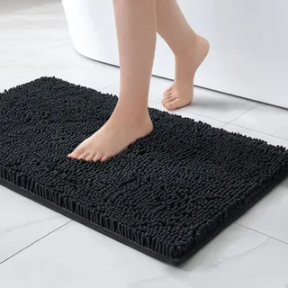 MIULEE 50x80cm Chenille Badematte rutschfest Badvorleger Badteppich rutschfest Waschbar Absorbierende Duschvorleger für Badezimmer Schwarz