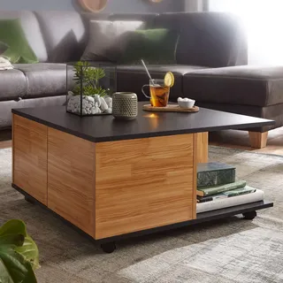 FineBuy Design Couchtisch Anthrazit / Sandeiche 70x70 cm Wohnzimmertisch mit 2 Schubladen Sofatisch mit Rollen Tisch mit 2 Fächern - Grau