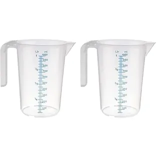 APS Messbecher 1 Liter, Ø 12 x H: 16,5 cm, Kunststoffbecher mit geprägter Maßskalierung außen, offener Griff, l-/ml-Einteilung, spülmaschinengeeignet (Packung mit 2)