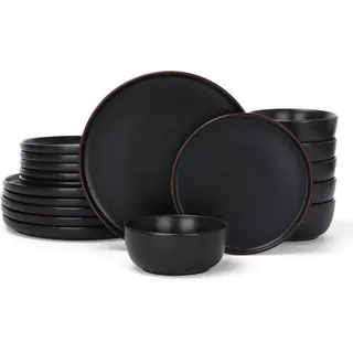 Richmount Mercury Geschirrset,18-teiliges teller set,Steingut Geschirr Set für 6 mit Speiseteller, Dessertteller, Müslischalen, Mikrowellen & Spülmaschinenfest, Matt-Schwarz