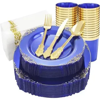 Reißfestes Plastik-Service-Set in Blau und Gold für Feiern - 175 Teile - Blau, Gold