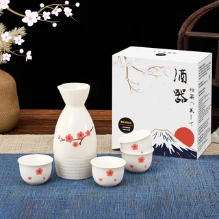 DUJUST 5-teiliges Japanisches Sake-Set, traditionelles Sake-Servierset im Sakura-Design, 1 Sake-Flasche mit 4 Sake-Bechern, ideales Japanisches Geschenk für Sake-Liebhaber – Weiß