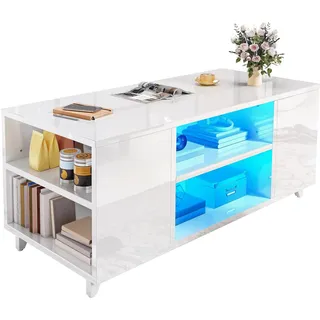 YITAHOME Couchtisch Weiß Hochglanz, Modern Wohnzimmertisch mit 16-Farbiger LED Beleuchtung Sofa Beistelltisch mit Verstellbarem Regal, 97,5 x 48 x 45 cm