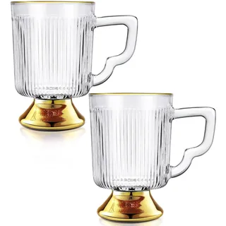 Joeyan 350ml Kaffeegläser Mit Goldrand, Vintage Cappuccino Tasse Gold, Geriffelte Teegläser mit Henkel, Latte Macchiato Gläser Cup,Durchsichtig Espresso Becher, Heiße Kakaobecher, Kaffeebecher 2er-Set