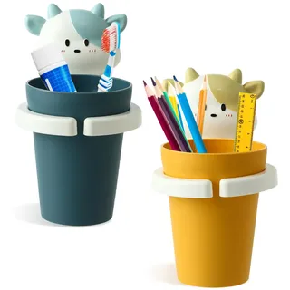 SoeUyd 2 Stücks Zahnputzbecher Kinder, Zahnbürstenhalter Kinder, Kinder Zahnbürstenhalter Mit Tasse, Cartoon Zahnbürstenbecherständer, Geeignet für Badezimmer und Kinderzimmer