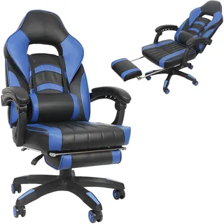 Mucola Gamingstuhl mit Fußstütze Schreibtischstuhl höhenverstellbar BüBraunuhl Chefsessel Schalensitz Drehstuhl - Schwarz / Blau - Blau