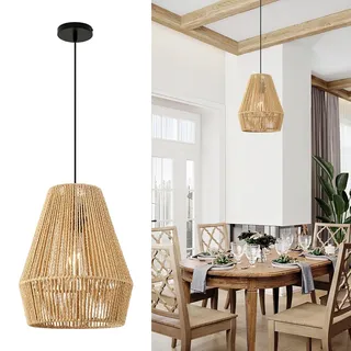 FORCOSO Pendelleuchte Esstisch, Vintage Hängeleuchte Rattan, E27 Boho Lampe Esszimmerlampe Rattan Hängelampe, Rustikal Hängend Deckenleuchte Esstischlampe für Esszimmer Küche Schlafzimmer Wohnzimmer
