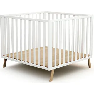 AT4 – Verstellbarer Baby-Laufstall aus Holz KASA Weiß 100 x 100 cm | Verstellbarer Boden in 3 Höhen | Struktur aus massiver Buche | Für Kinder bis 24 Monate - Weiß