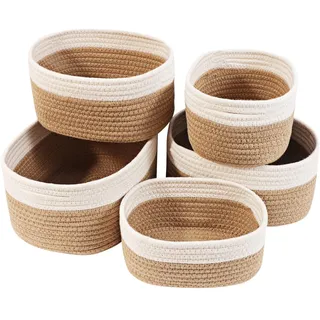 Lannvan Aufbewahrungskorb 5er Set aus Baumwolle,Körbe Korb Geflochten Körbe Aufbewahrung Storage Basket Aufbewahrungskörbe Geflochtener Korb für Bad Badezimmer Kinderzimmer Wickeltisch,Weiß und Jute