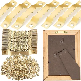 MINGZE 40mm Bild Kleiderbügel, Bildaufhänger, 50 Stück Sägezahn Bilderrahmen hängend Kleiderbügel, Doppelloch mit Schrauben, Goldene